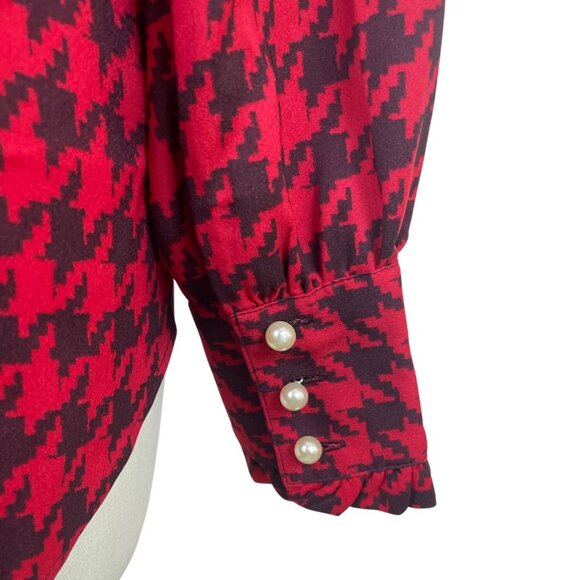 Ann Taylor Red & Black Houndstooth Pearl Details Womens Button-Up Shirt Sz S - Picture 4 of 8